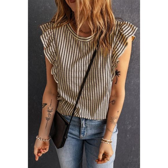 Azura Exchange  Khaki Striped Crew Neck Ruffled Tank Top - Picture 1 of 15
